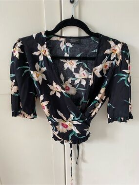 ZARA Black Floral Print Wrap Summer Top Size M